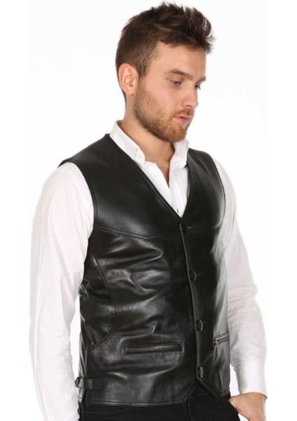 Hakiki Deri Siyah Portes Düğmeli Erkek Deri Yelek modelleri