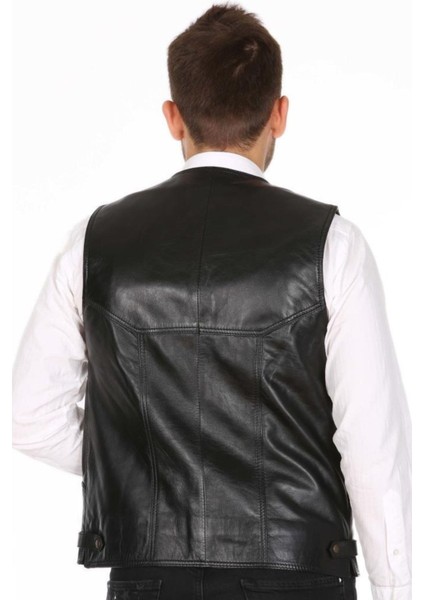 Hakiki Deri Siyah Portes Düğmeli Erkek Deri Yelek fırsatları