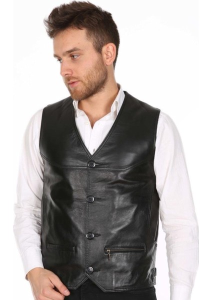 Hakiki Deri Siyah Portes Düğmeli Erkek Deri Yelek indirimleri