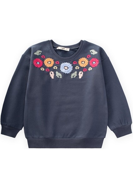 Çiçek Nakışlı Sweatshirt 2-7 Yaş Lacivert