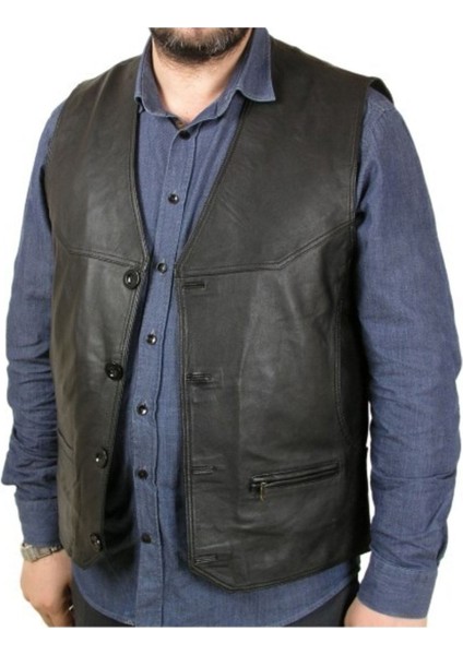Hakiki Deri Siyah Oscar Düğmeli Erkek Deri Yelek