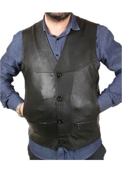 Hakiki Deri Siyah Oscar Düğmeli Erkek Deri Yelek fiyatları