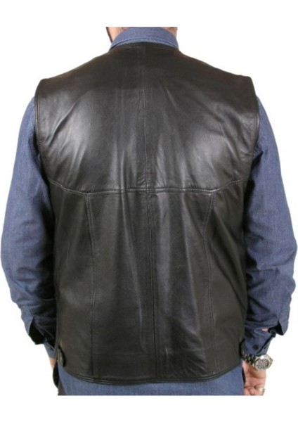 Hakiki Deri Siyah Oscar Düğmeli Erkek Deri Yelek modelleri