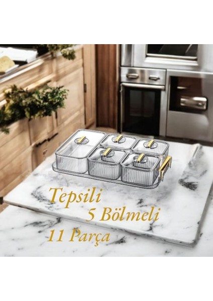 Kahvaltılık Kapaklı Saklama Kabı Tepsili 5 Bölmeli 11 Parça Sunumlu Kahvaltı Seti