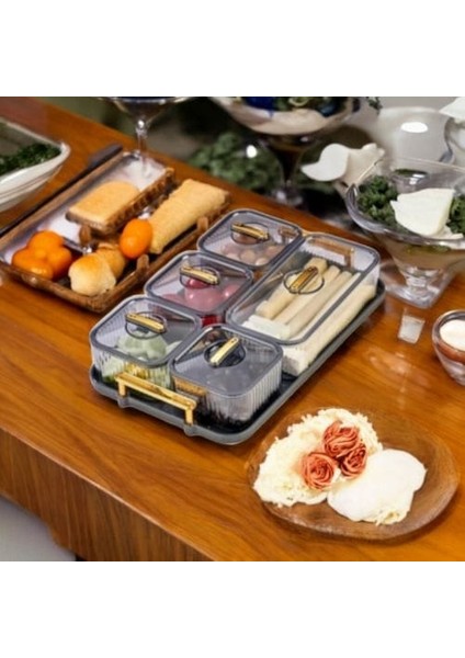 Kahvaltılık Kapaklı Saklama Kabı Tepsili 5 Bölmeli 11 Parça Sunumlu Kahvaltı Seti modelleri