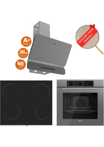 Flowart Vivo Vitroseramik Elektrikli Gri Ankastre Set ( D082-SA Sessiz + MS261 + QBL62CPR)