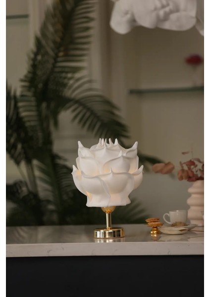 Beyaz Eva Gül Tasarım Şarjlı Masa Lambası- Alt Parlak Gold fırsatları
