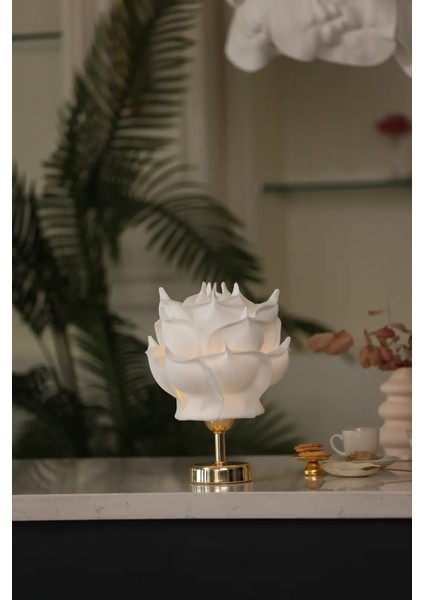 Beyaz Eva Gül Tasarım Şarjlı Masa Lambası- Alt Parlak Gold indirimleri