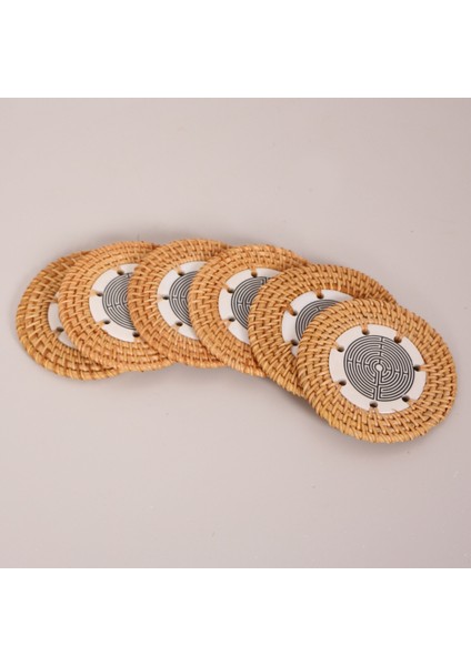 Mylamp Labirent 6'lı Doğal Rattan ve El Yapımı Seramikli Bardak Altlığı
