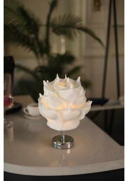 Beyaz Eva Gül Tasarım Şarjlı Masa Lambası - Alt Gümüş fırsatları