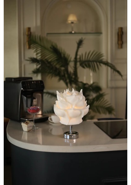 Beyaz Eva Gül Tasarım Şarjlı Masa Lambası - Alt Gümüş indirimleri