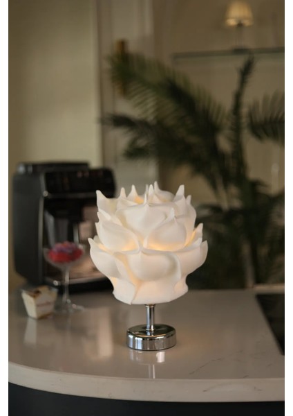 Beyaz Eva Gül Tasarım Şarjlı Masa Lambası - Alt Gümüş