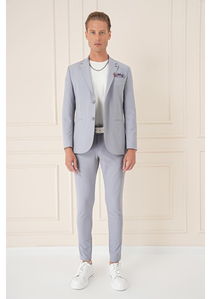 Comfort Fit Çift Yırtmaç Fleto Cep Esnek Pamuk Casual Gri Mavi Ceket C 675