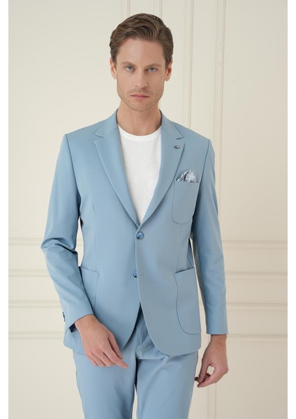 Slim Fit Mono Yaka Çift Yırtmaç Torba Cep Casual Havacı Mavi Ceket C 697