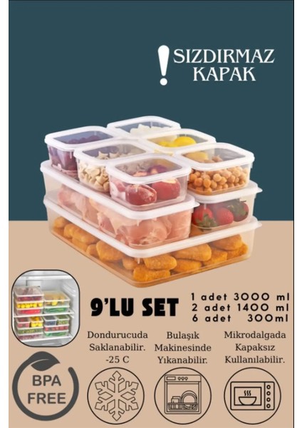 9 Lu Sızdırmaz Erzak Saklama Kabı Seti 3000ML X1 1400ML X2 300ML X6 - Şeffaf - Buzdolabı Düzenleyici