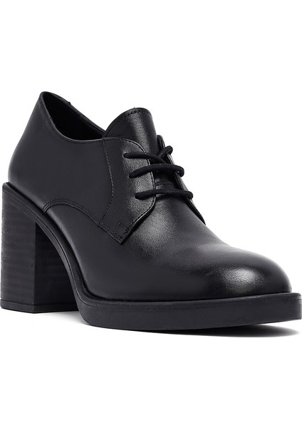 Kadın Siyah Bağcıklı Kalın Topuklu Deri Maskülen Ayakkabı 25AFD201818