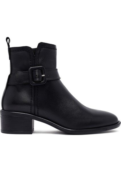 Kadın Siyah Fermuarlı Kısa Kalın Topuklu Deri Bot 25WFD202818
