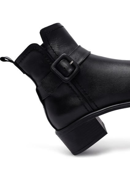 Kadın Siyah Fermuarlı Kısa Kalın Topuklu Deri Bot 25WFD202818