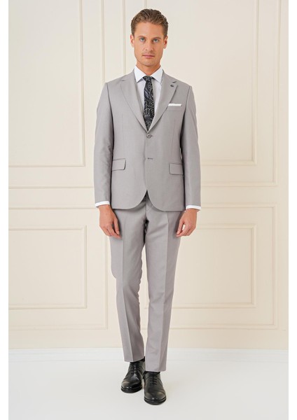 Slim Fit Jakarlı Çift Yırtmaç Klasik Gri Takım Elbise Tk 893