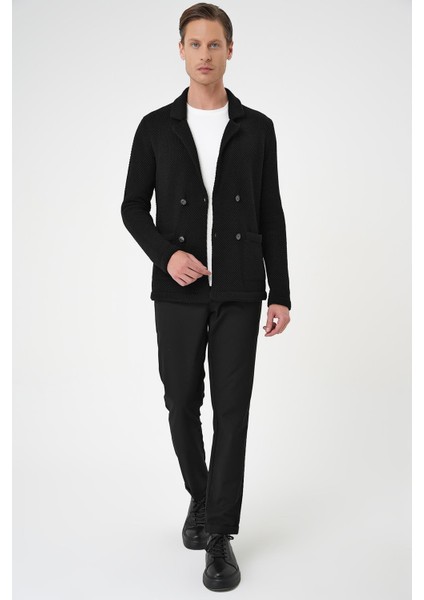 Kruvaze İlikleme Torba Cep Siyah Örme Triko Ceket 01