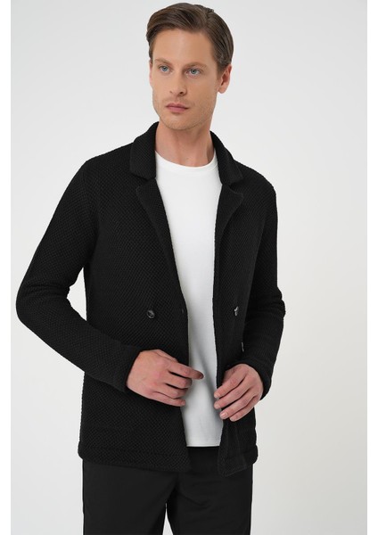 Kruvaze İlikleme Torba Cep Siyah Örme Triko Ceket 01 modelleri