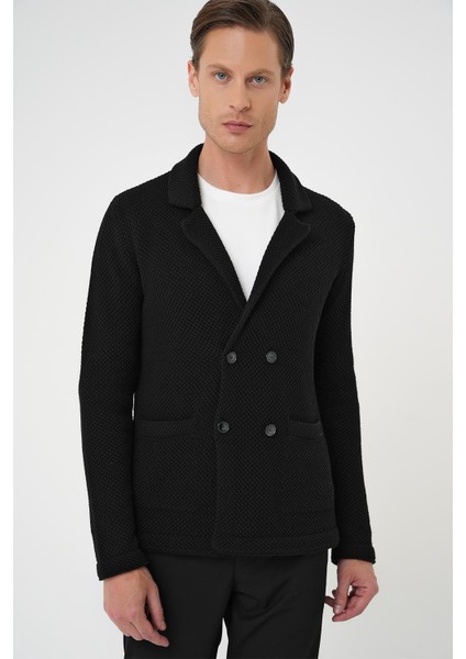 Kruvaze İlikleme Torba Cep Siyah Örme Triko Ceket 01 fırsatları