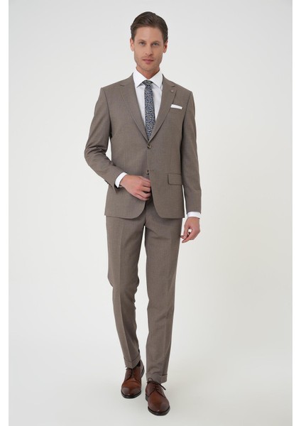 Slim Fit Çift Yırtmaç Dokulu Esnek Klasik Vizon Takım Elbise Tk 915