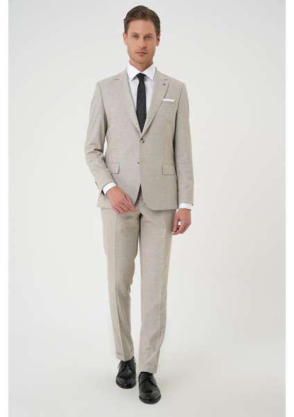 Slim Fit Çift Yırtmaç Dokulu Esnek Klasik Bej Takım Elbise Tk 915