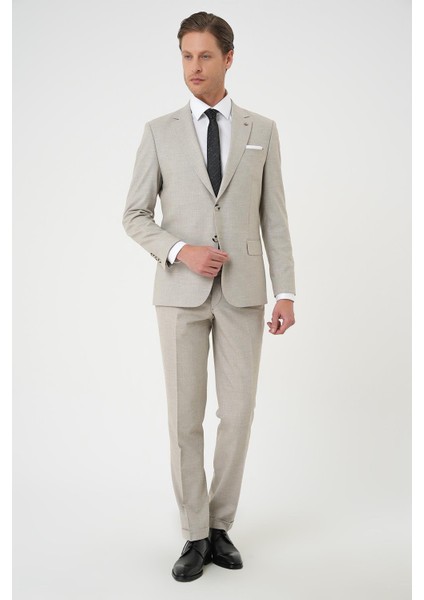Slim Fit Çift Yırtmaç Dokulu Esnek Klasik Bej Takım Elbise Tk 915 modelleri