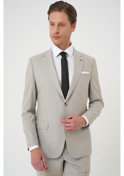Slim Fit Çift Yırtmaç Dokulu Esnek Klasik Bej Takım Elbise Tk 915 indirimleri