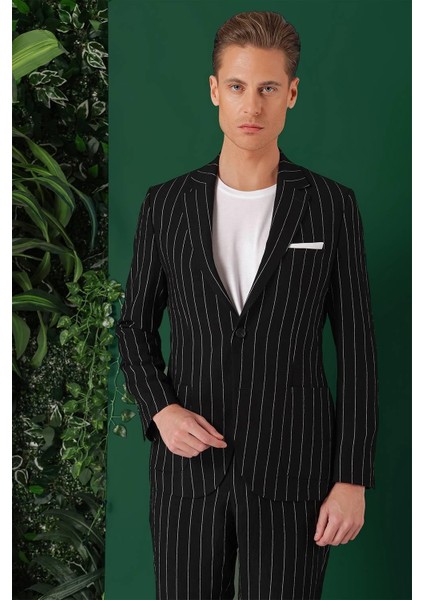 Comfort Fit Çift Yırtmaç Italyan Çizgili Keten Casuel Siyah Ceket C 671