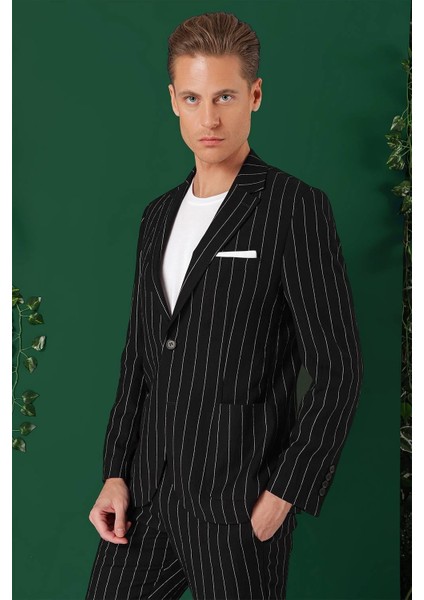 Comfort Fit Çift Yırtmaç Italyan Çizgili Keten Casuel Siyah Ceket C 671 fiyatları