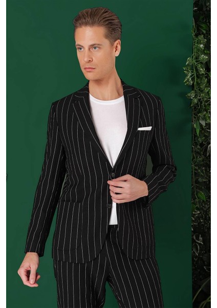Comfort Fit Çift Yırtmaç Italyan Çizgili Keten Casuel Siyah Ceket C 671 modelleri