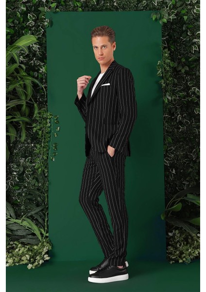 Comfort Fit Çift Yırtmaç Italyan Çizgili Keten Casuel Siyah Ceket C 671 indirimleri