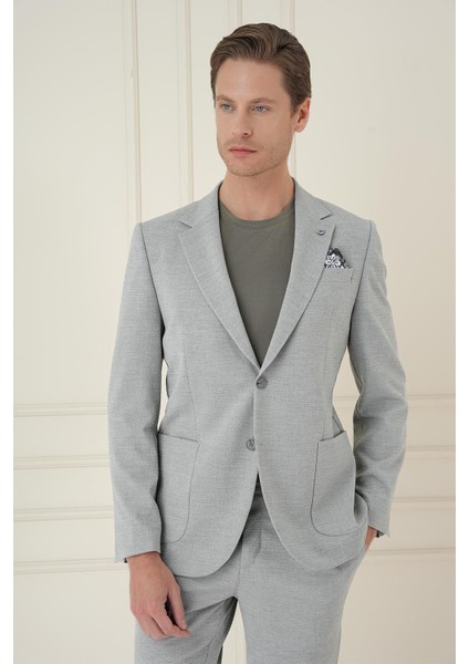 Comfort Fit Mono Yaka Çift Yırtmaç Torba Cep Casual Gri Ceket C 698