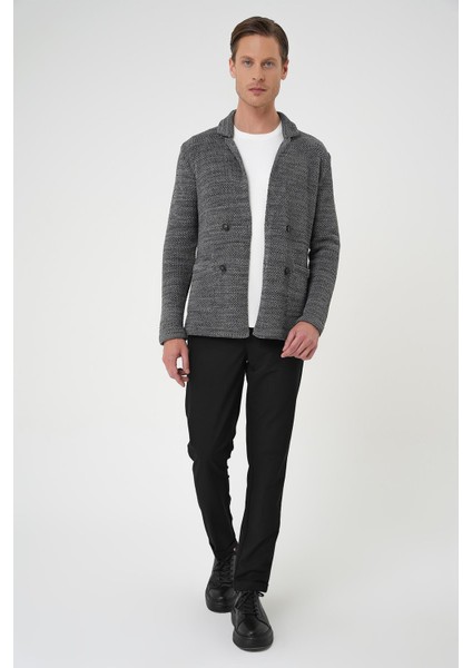 Kruvaze İlikleme Torba Cep Koyu Gri Örme Triko Ceket 01