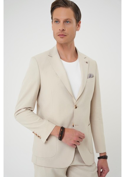 Slim Fit Torba Cep Spandex Karışımlı Casual Krem Ceket C 714