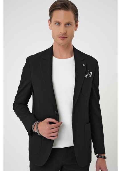 Comfort Fit Mono Yaka Çift Yırtmaç Torba Cep Gofre Kumaş Casual Siyah Ceket C 703 modelleri