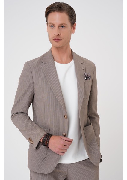 Comfort Fit Mono Yaka Çift Yırtmaç Torba Cep Gofre Kumaş Casual Vizon Ceket C 703 indirimleri