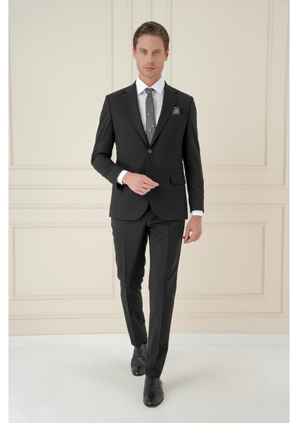 Slim Fit Çift Yırtmaç Mono Yaka Klasik Siyah Takım Elbise Tk 912