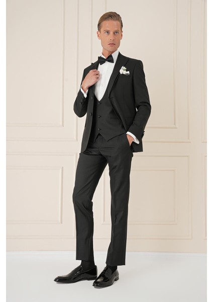 Black 077 Slim Fit Çıkma Saten Yaka Yelekli Siyah Damatlık Smokin Takım fiyatları