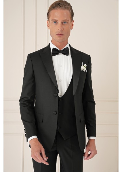 Black 077 Slim Fit Çıkma Saten Yaka Yelekli Siyah Damatlık Smokin Takım modelleri