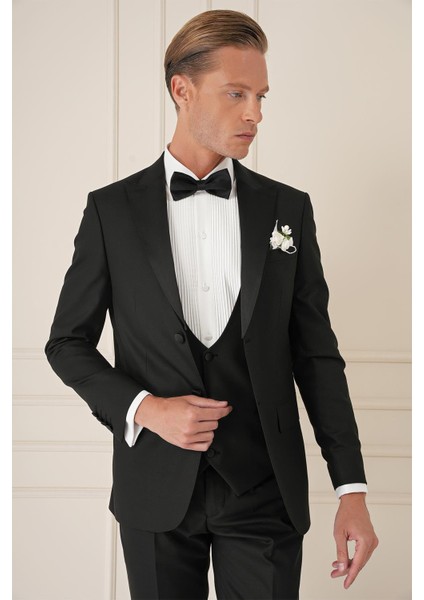 Black 077 Slim Fit Çıkma Saten Yaka Yelekli Siyah Damatlık Smokin Takım fırsatları