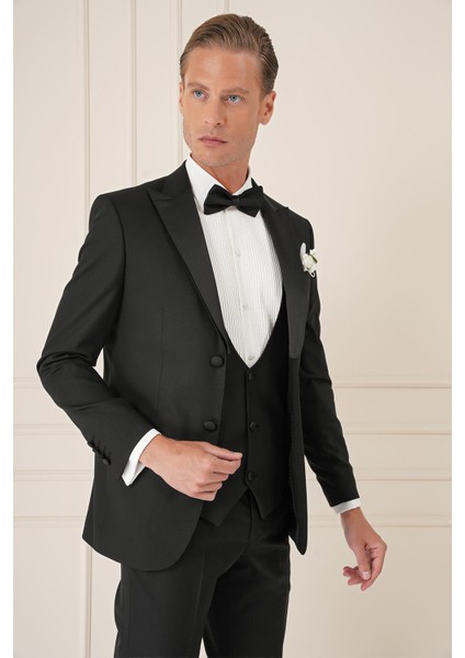 Black 077 Slim Fit Çıkma Saten Yaka Yelekli Siyah Damatlık Smokin Takım indirimleri