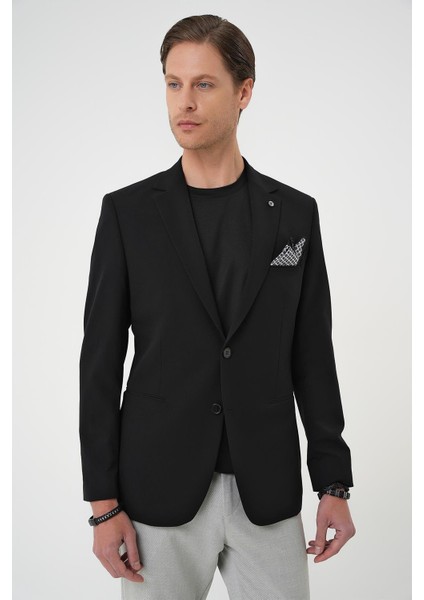 Slim Fit Mono Yaka Fleto Cepli Çift Yırtmaçlı Casual Siyah Ceket C 710