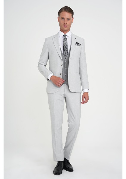 Slim Fit Fleto Cep Pötikare Desenli Yelekli Gri Takım Elbise Tk 922