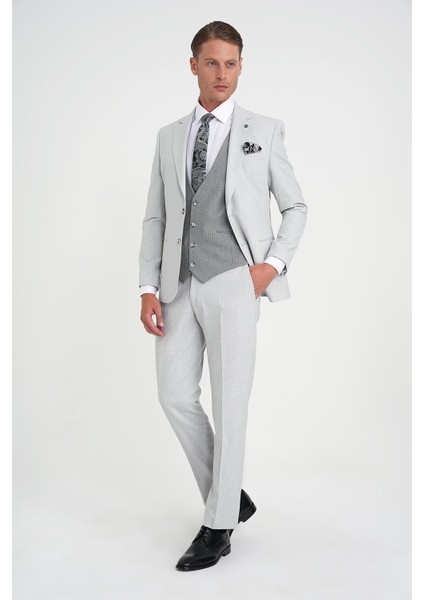 Slim Fit Fleto Cep Pötikare Desenli Yelekli Gri Takım Elbise Tk 922 fiyatları