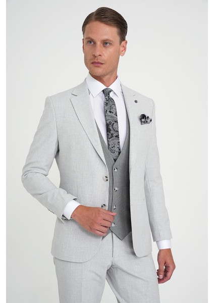 Slim Fit Fleto Cep Pötikare Desenli Yelekli Gri Takım Elbise Tk 922 fırsatları