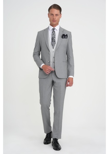 Slim Fit Fleto Cep Pötikare Desenli Yelekli Siyah Takım Elbise Tk 922