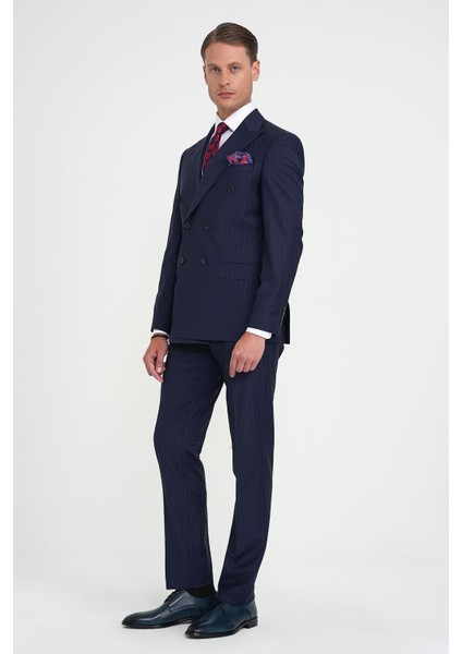 Slim Fit Çift Yırtmaç Çizgili Kruvaze Klasik Koyu Lacivert Takım Elbise Tk 925 fiyatları